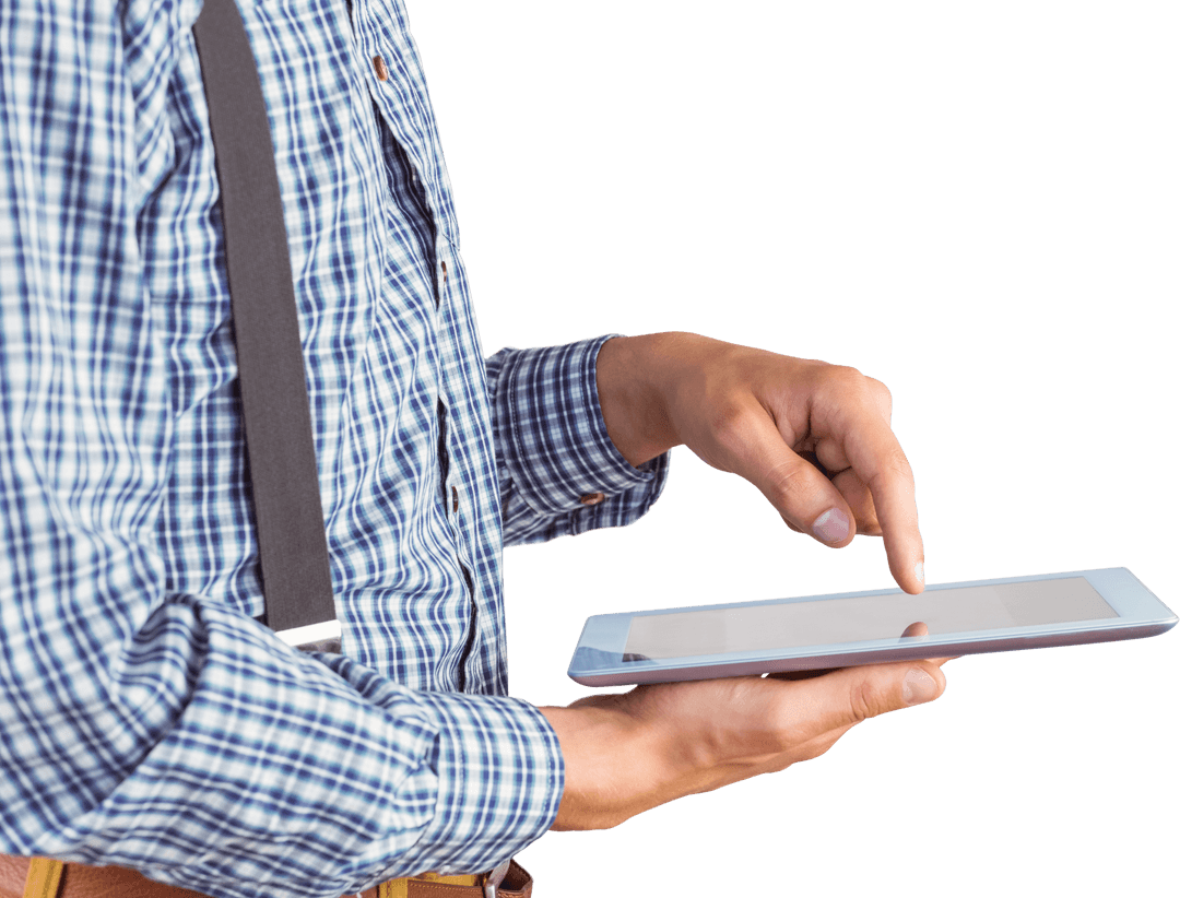 Man in Plaid Shirt Using Tablet on Transparent Background
