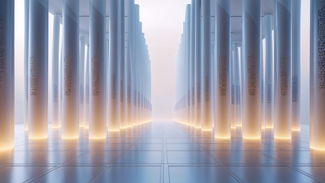Elegant Columns Leading to Light in Futuristic Hall