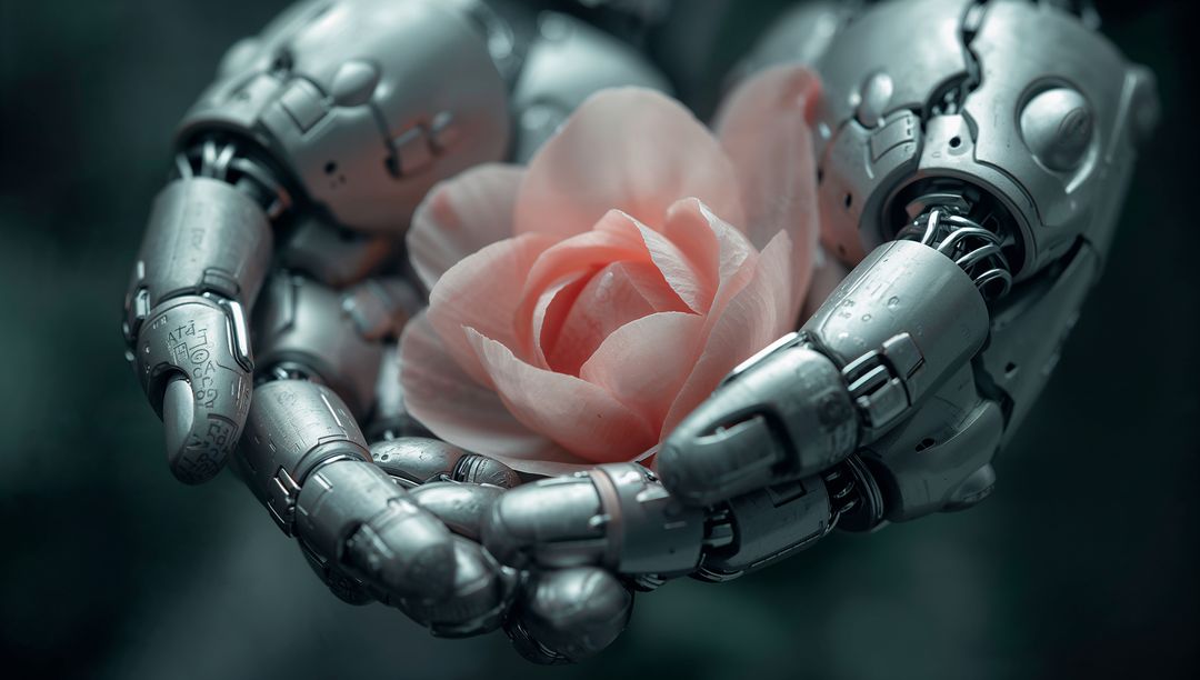 Futuristic Robotic Hands Gently Holding Delicate Pink Rose