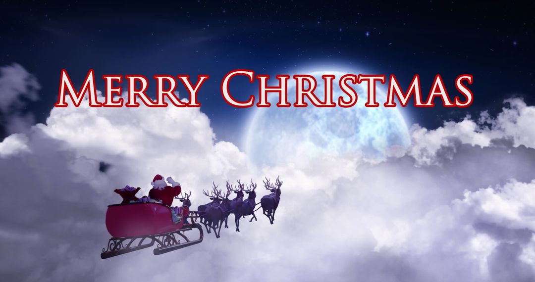 Santa Claus Flying with Sleigh and Reindeer in Moonlit Sky