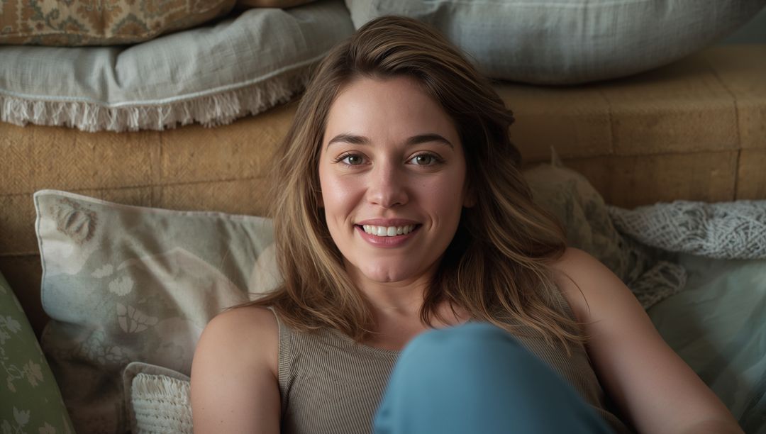 Smiling Woman Relaxing on Cozy Sofa at Home