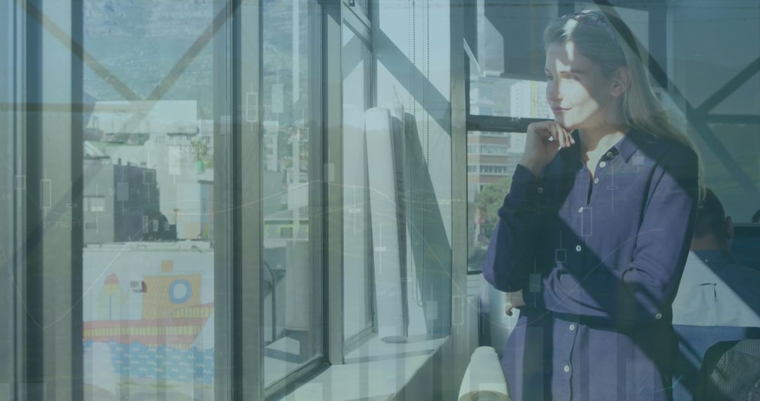 Businesswoman Strategizing with Digital Interface Overlays