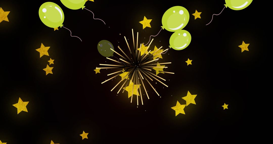 Colorful Balloons and Stars with Fireworks on Dark Background