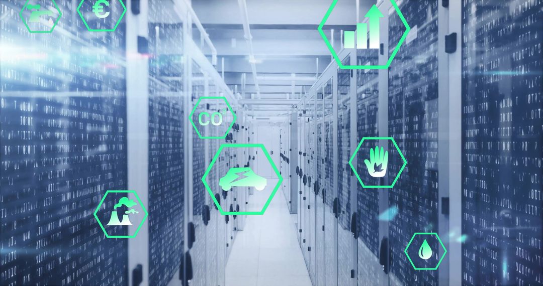 Digital Data Processing Icons Over Modern Server Room