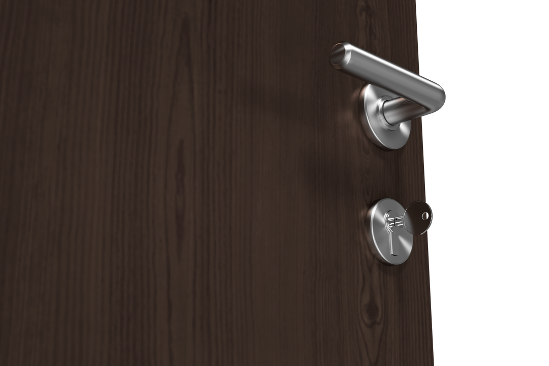 Close-up of Brown Door with Elegant Metallic Handle and Transparent Key - Download Free Stock Images Pikwizard.com