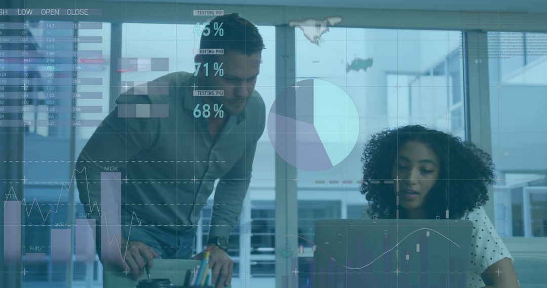 Office Team Working on Financial Data Analysis with Digital Interface Overlay