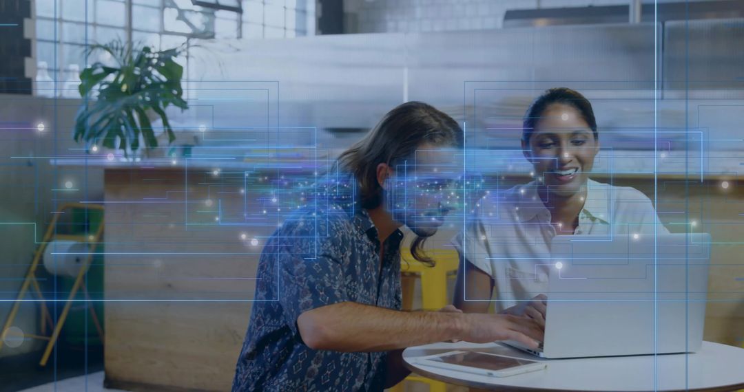 Colleagues Analyzing Data on Laptop with Virtual Overlay Elements