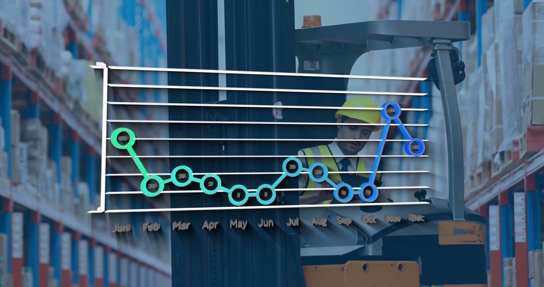 Warehouse Worker Operating Forklift with Superimposed Sales Data