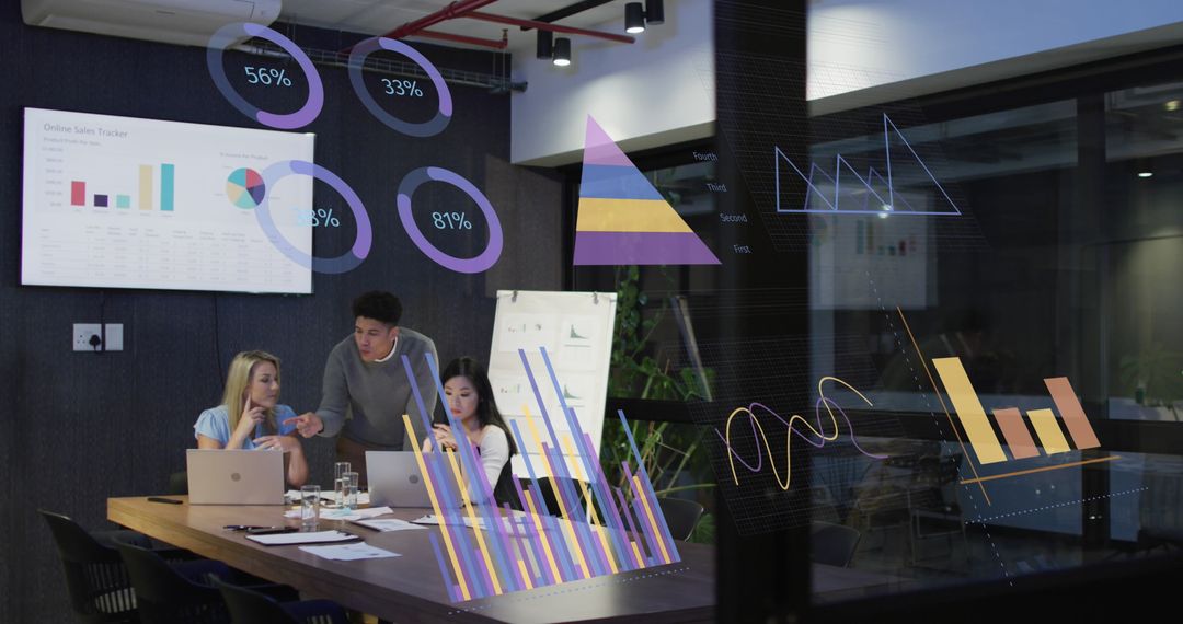 Business Team Analyzing Financial Data with Holographic Graphics