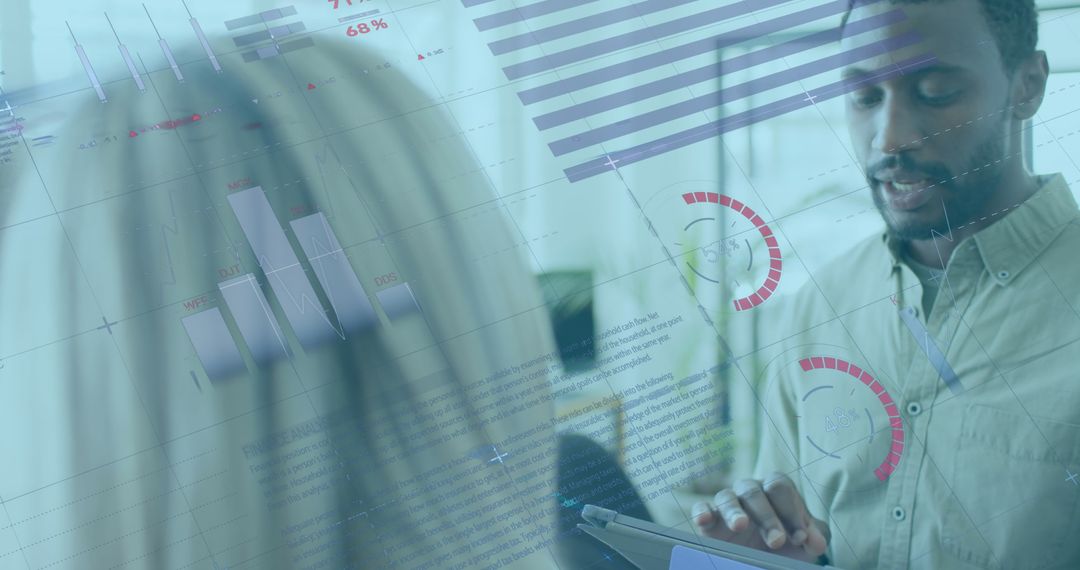 Diverse Team Analyzing Data with Digital Infographics Overlay