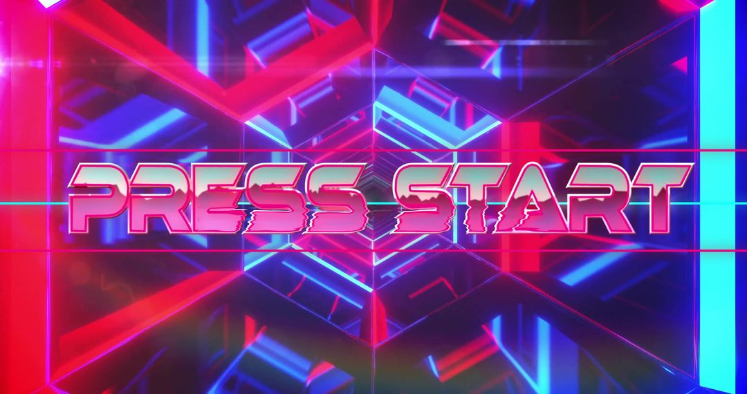 Retro Futuristic PRESS START Text with Neon Glitch Effect