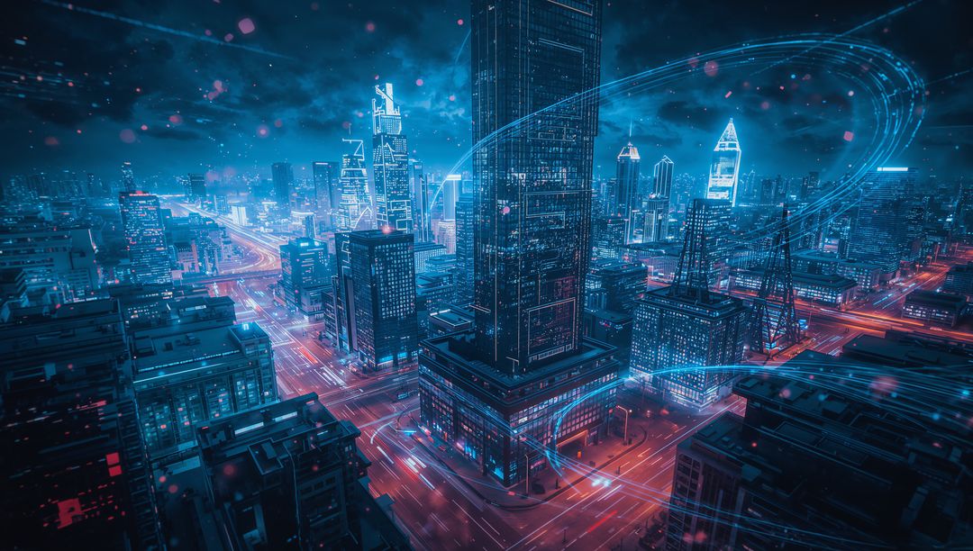Futuristic Neon Cityscape with Towering Skyscraper and Light Trails