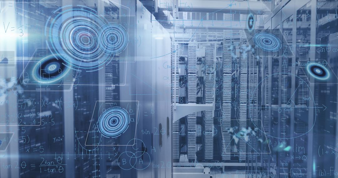 Futuristic Data Center with Mathematical Equations Overlay