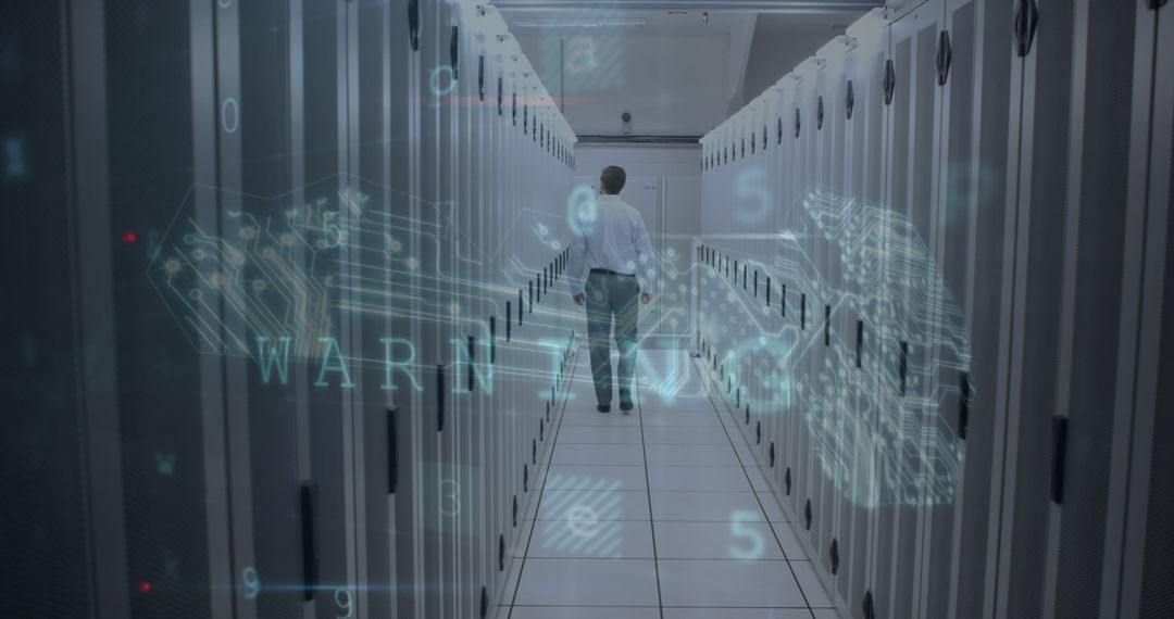 Man Monitoring Server Room with Cybersecurity Warning Displays