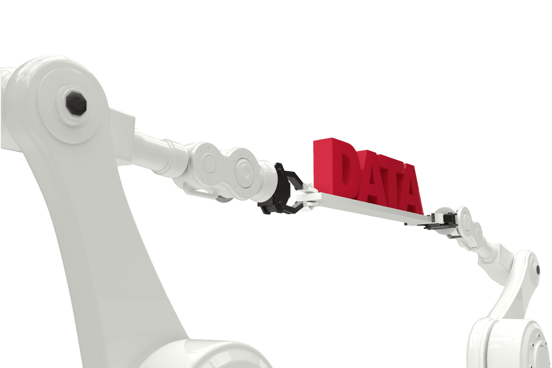 Robotic arms handling data text on transparent background