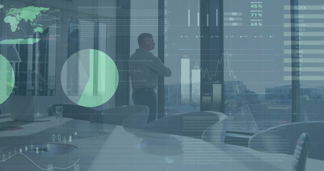 Businessman Analyzing Financial Data with Global Metrics Overlay