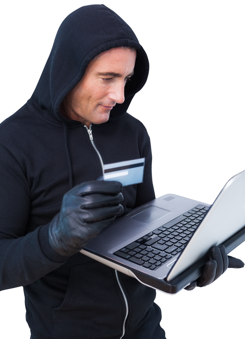 Hacker Holding Credit Card Wearing Hooded Jacket Against White Background - Download Free Stock Images Pikwizard.com