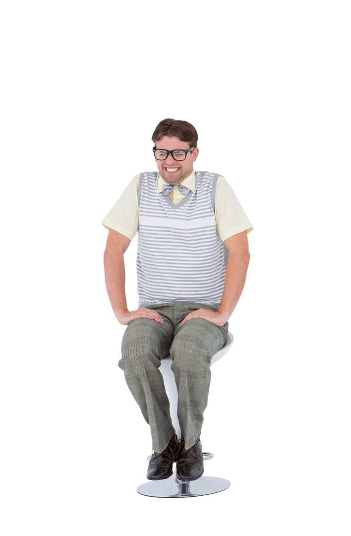 Laughing Man Sitting on Stool Isolated on White
