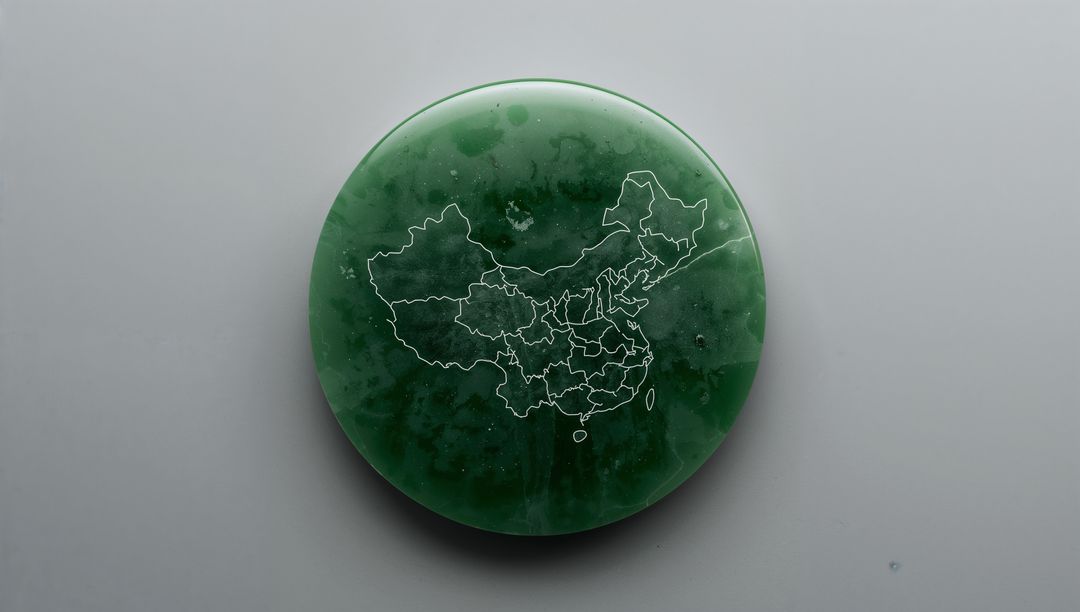 Green Jade Disk with Provincial Map Overlay on Grey Background