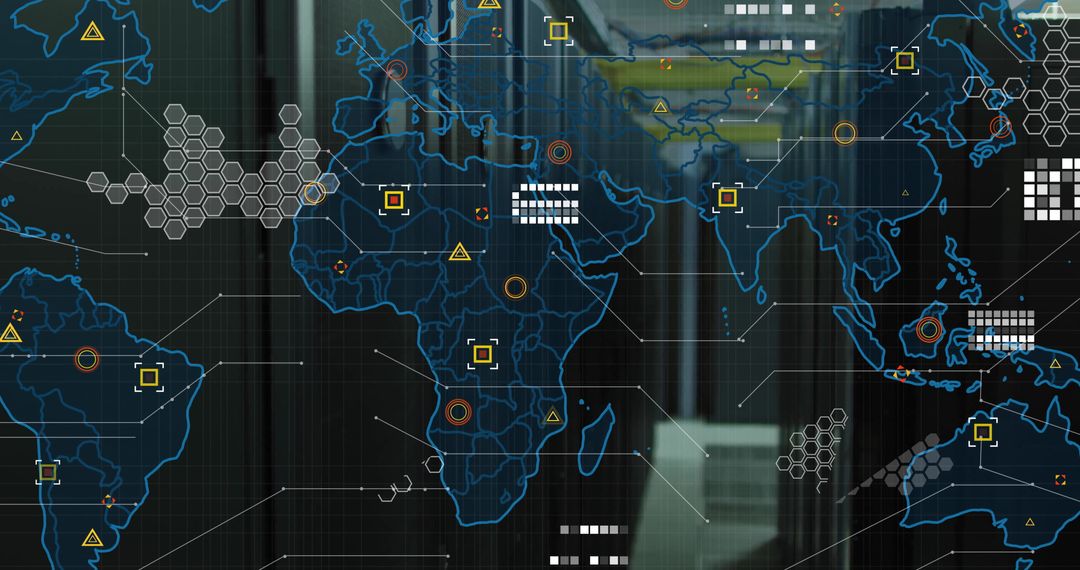 Digital World Map on Transparent Panel Showcasing Global Connectivity