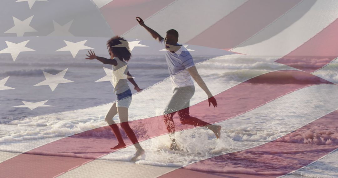 Father and Daughter Playing at Beach with USA Flag Overlay - Free Images, Stock Photos and Pictures on Pikwizard.com