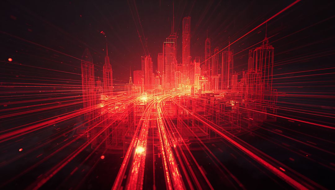 Neon Wireframe Metropolis Racing Along Converging Light Lanes Toward Vanishing Glow