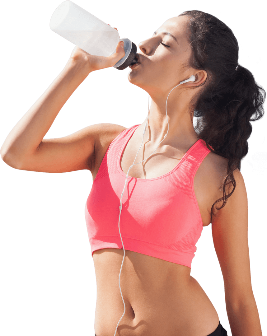 Biracial Female Runner Drinking Water on Transparent Background