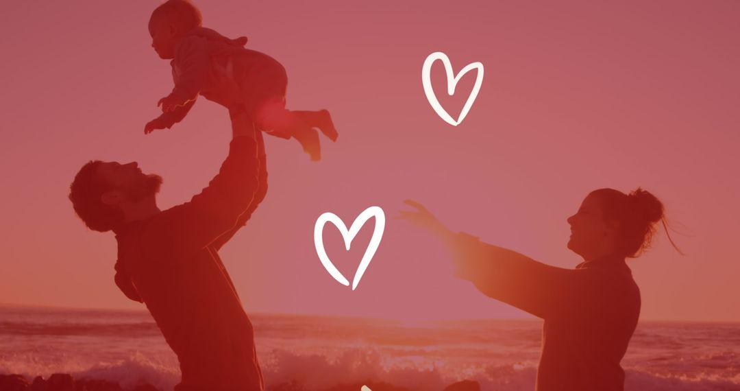 Image of white hearts over happy caucasian parents with child on beach - Free Images, Stock Photos and Pictures on Pikwizard.com