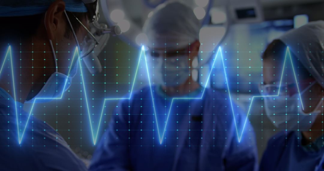 Surgeons in Operating Room with Heartbeat Overlay Symbolizing Medical Technology