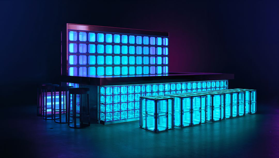 Glowing Modular Neon Cube Bar Creating Futuristic Cyan-Blue Light Installation for Events