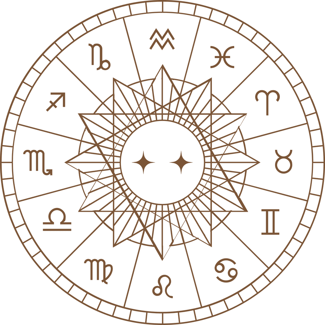 Transparent Flat Zodiac Wheel Featuring Astrology Symbols and Sunburst Design