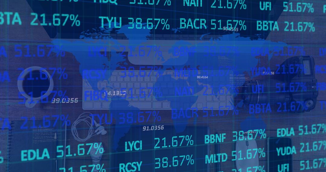 Financial Data Analytics Overlay on Computer Desk with Global Map