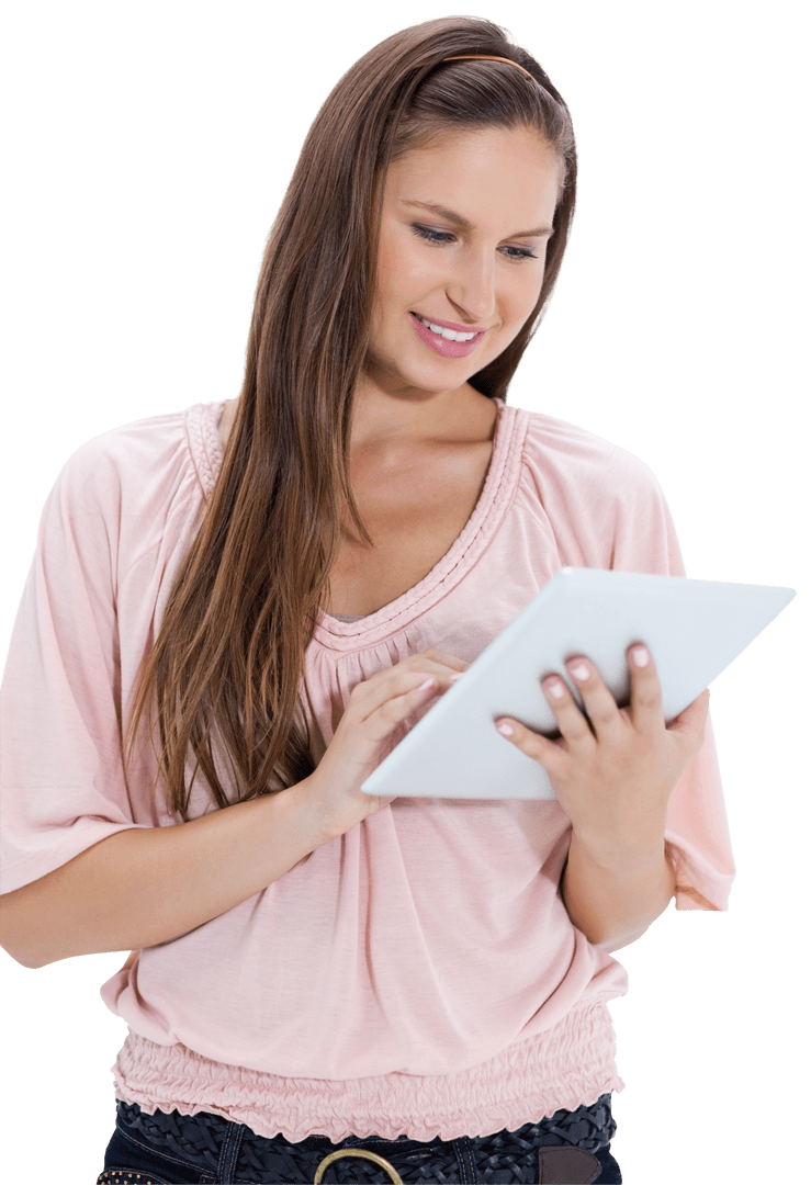 Woman Engaging with Tablet on Transparent Background