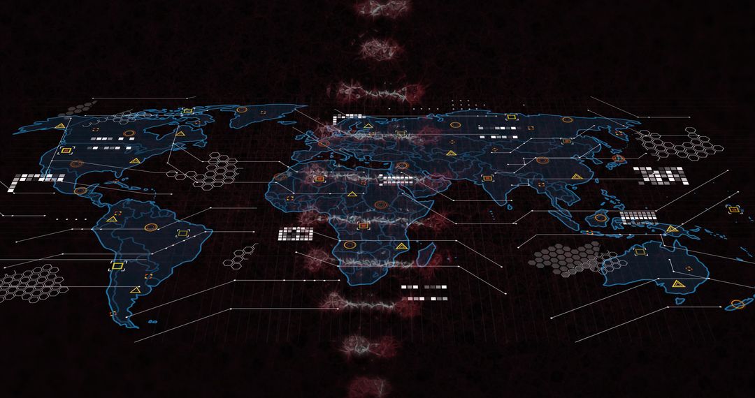 Futuristic Digital World Map with Nodes and Warning Indicators