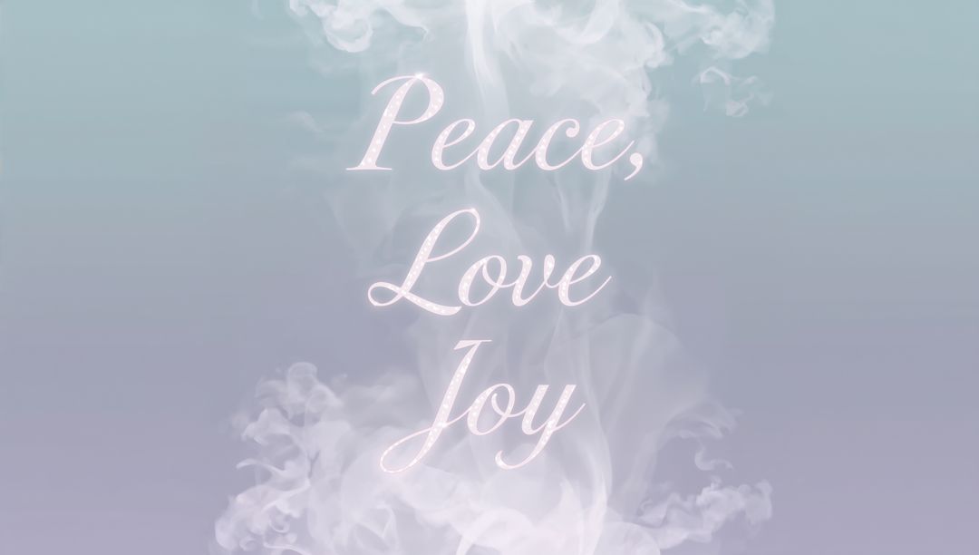 Peace Love Joy in delicate cursive on pastel teal-to-lavender gradient with soft smoke glow