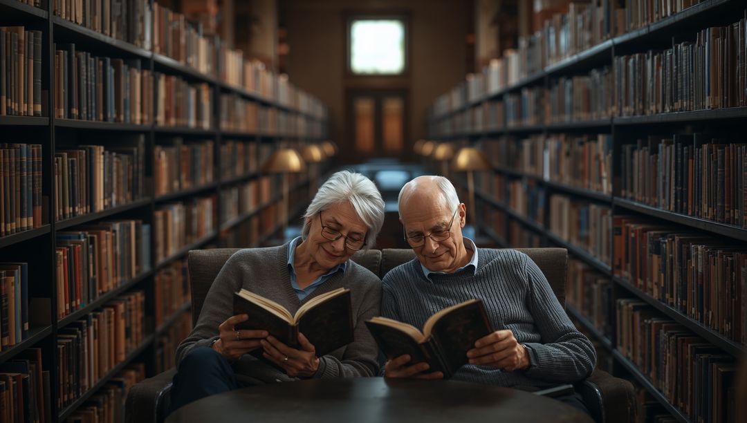 Senior couple reading together in cozy library lounge under warm lamplight
