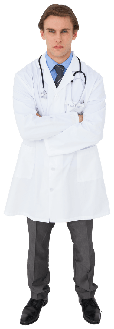 Confident Young Doctor in White Coat with Stethoscope Against Transparent Background