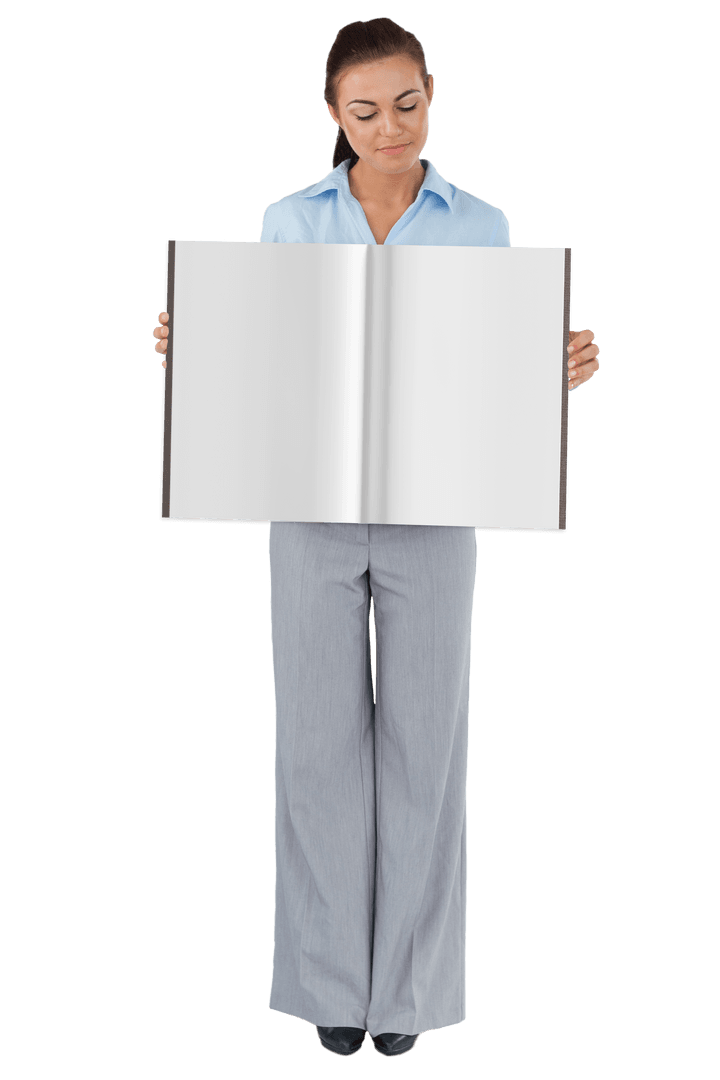 Smiling Professional Presenting Large Blank Book Transparent