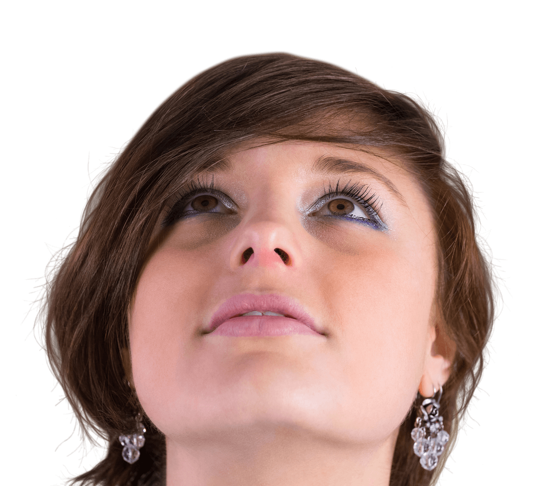 Transparent Image of Brunette Woman Looking Upwards Thoughtfully