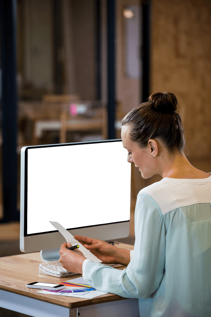 Transparent Office Work Businesswoman with Files at Desk