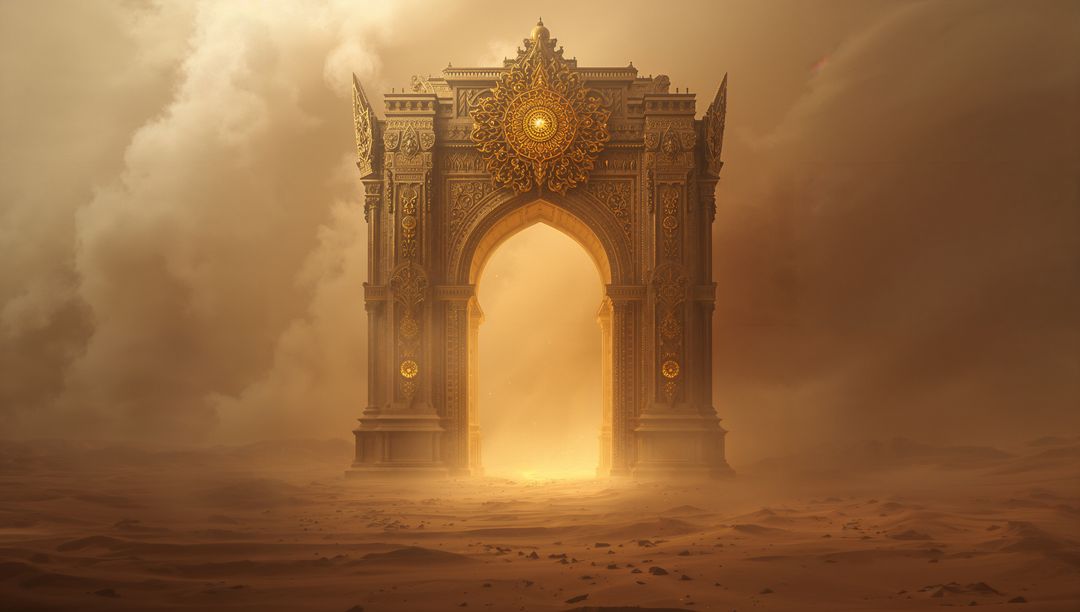 Ornate Golden Archway Illuminates Desert with Mystical Light