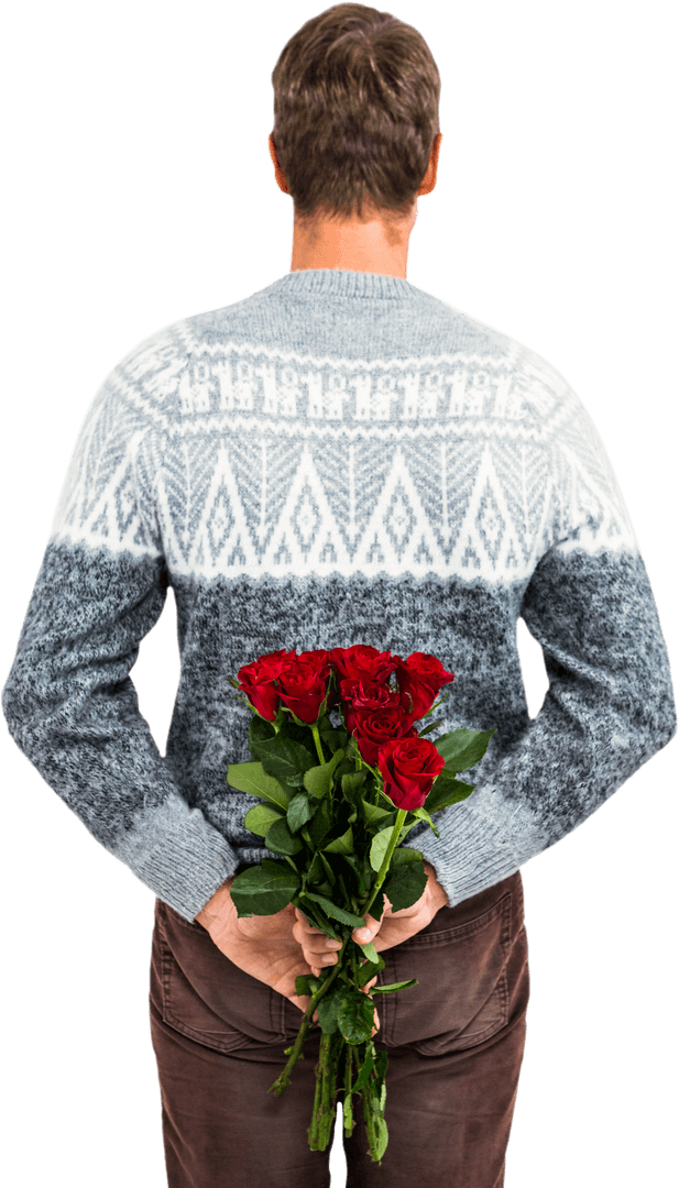 Rear View of Man Holding Red Roses Out of View in Transparent Setting