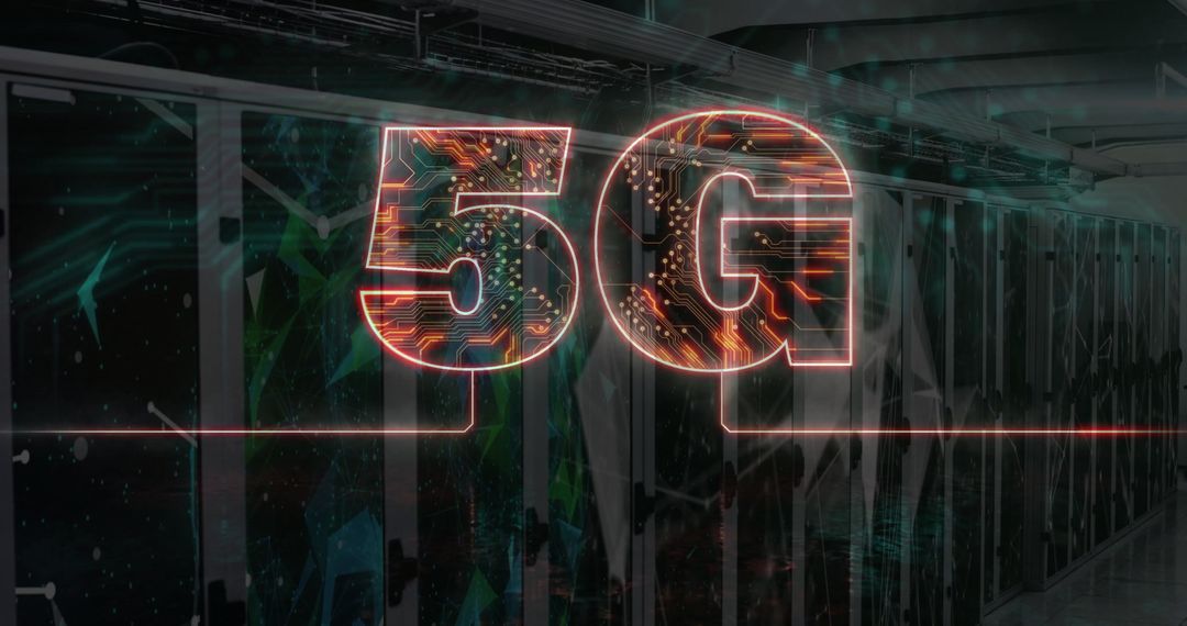 Glowing 5G Symbol Illuminating Data Center Corridor