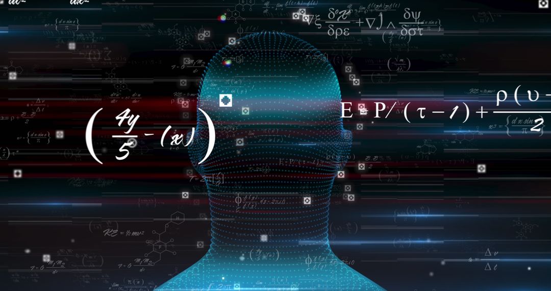 Digital Head with Mathematical Equations on Black Background