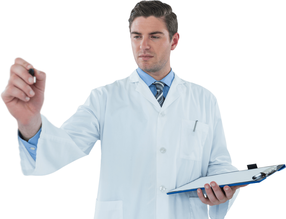 Confident Doctor Interacting with Invisible Transparent Screen
