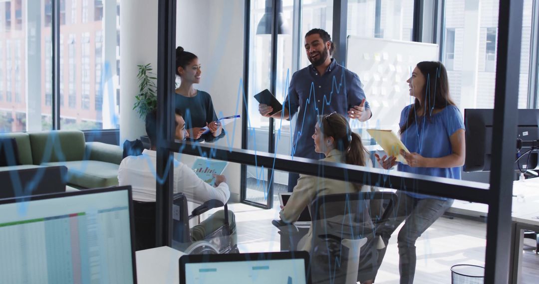 Diverse Team Collaborating in Modern Office with Digital Interfaces