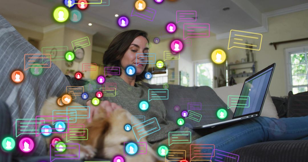 Woman Relaxing on Couch with Laptop Browsing Social Media