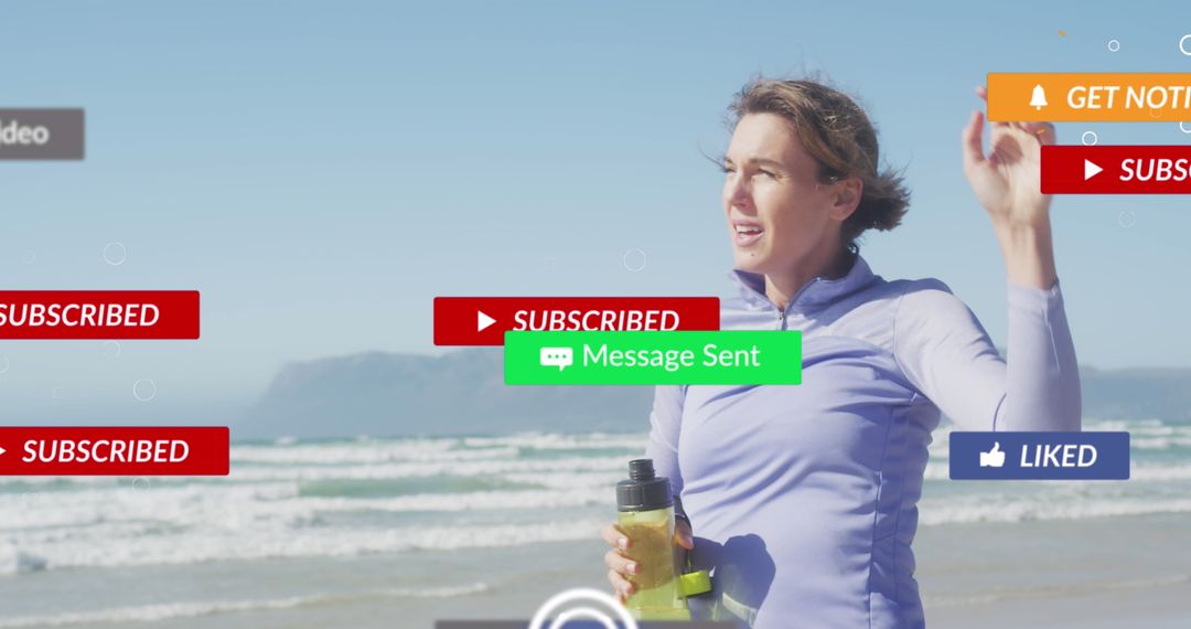 Woman Exercising on Beach Amidst Social Media Notifications