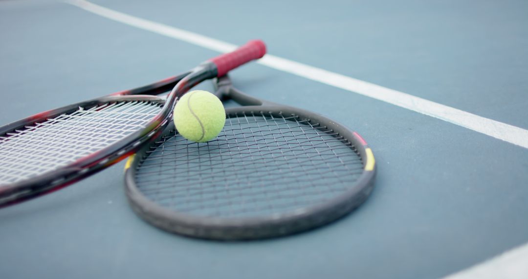 Tennis Ball Resting on Tennis Rackets on Court Surface - Free Images, Stock Photos and Pictures on Pikwizard.com