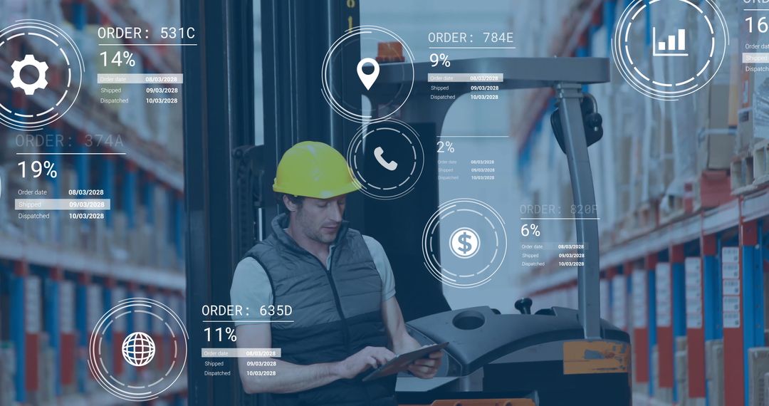 Caucasian Man Analyzing Digital Data in Modern Warehouse